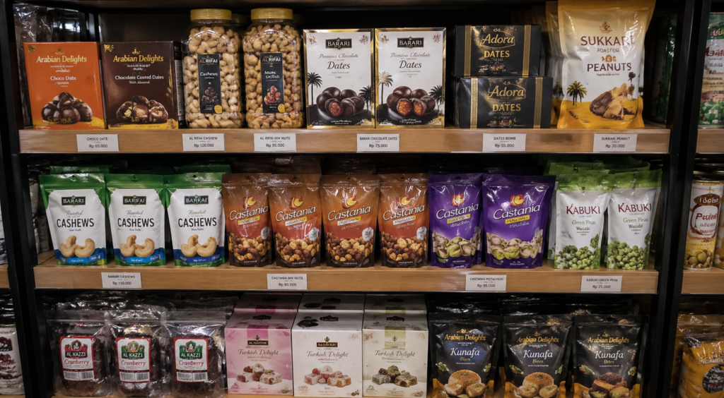 snack dan cokelat khas timur tengah di toko oleh oleh haji
