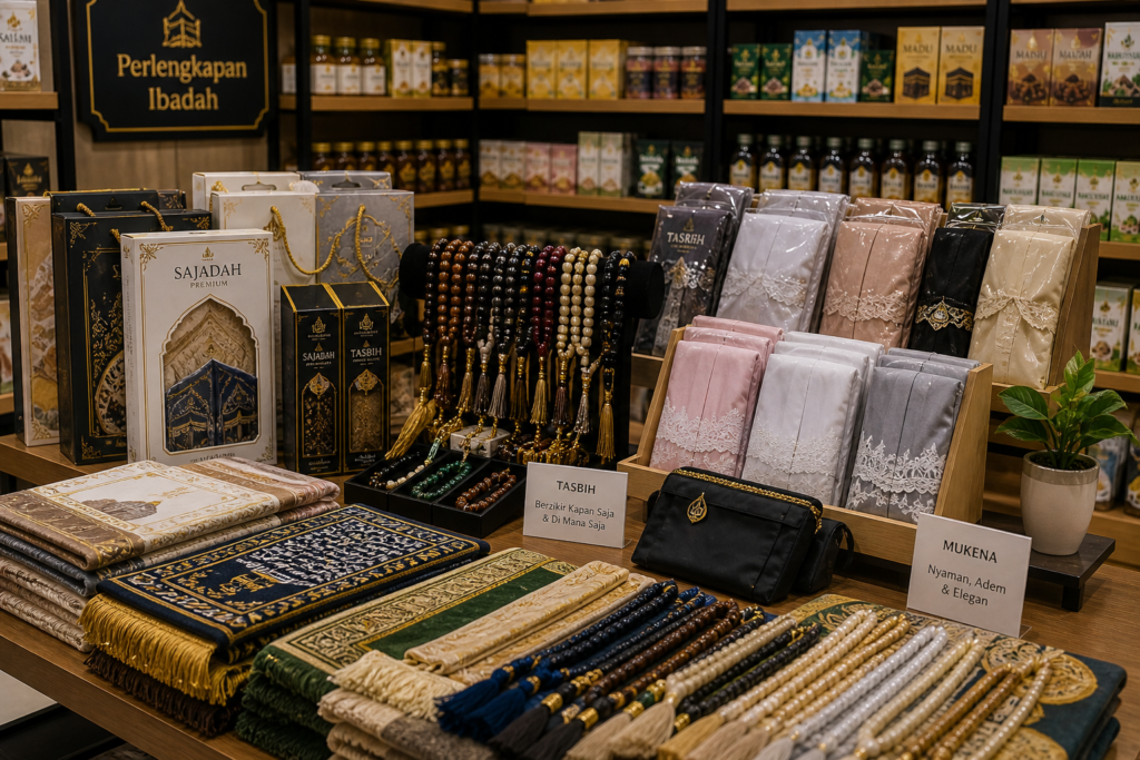 produk perlengkapan ibadah seperti sajadah tasbih dan mukena untuk dijual
