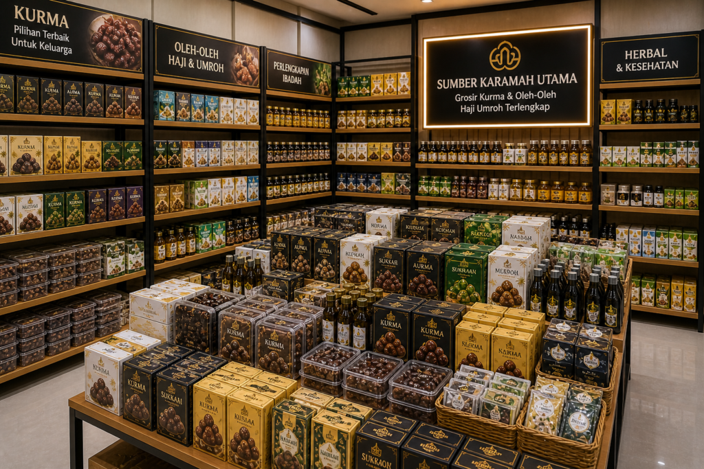 rak produk kurma dan oleh oleh haji dengan stok banyak dan tertata rapi